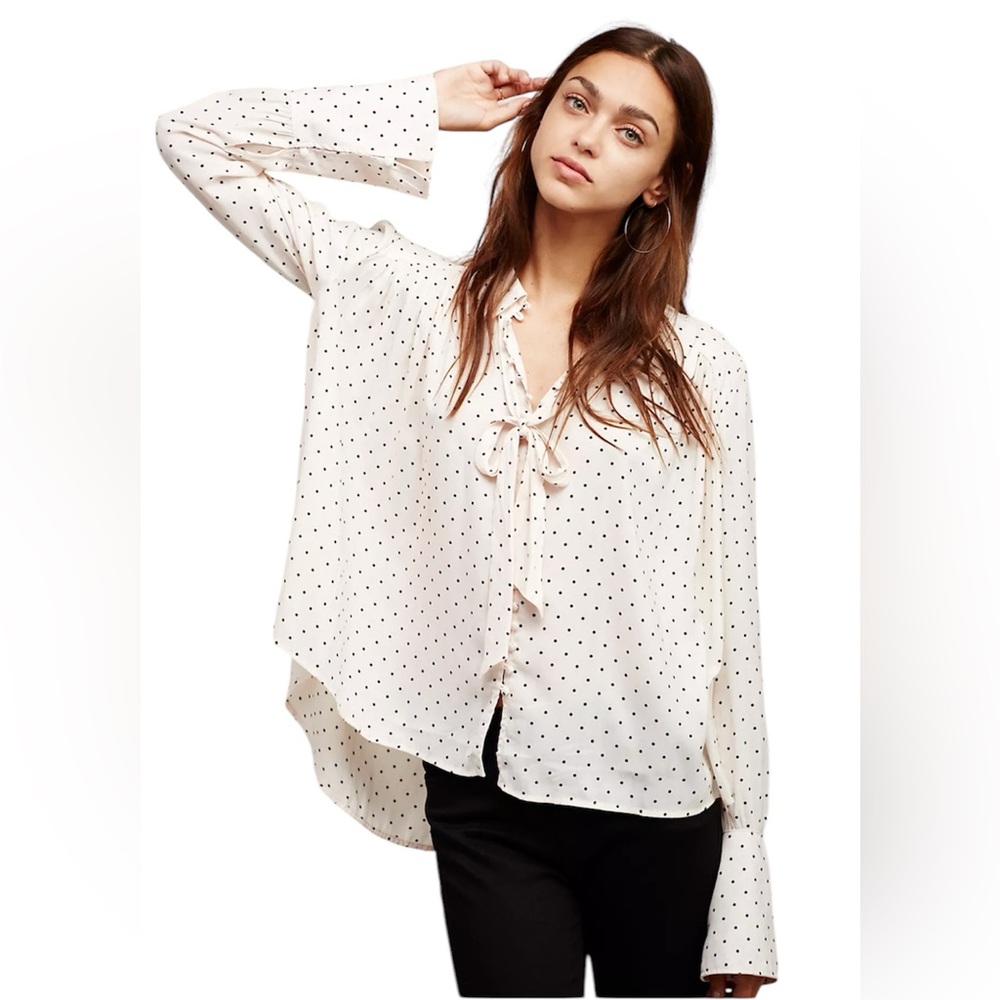 Free People Beige Pink Kennedy Button Down Polka Dot Bell Sleeve Blouse Size L